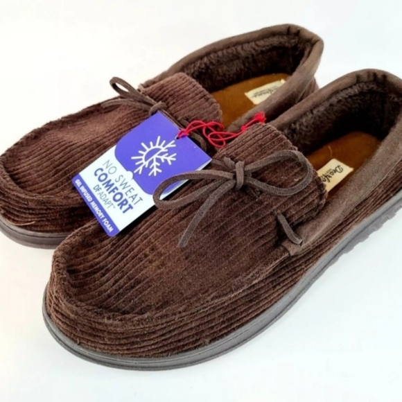 Dearfoams Men's Brown Corduroy Moccasin Slipper Shoes Gel Infused Memory Foam - Picture 2 of 5